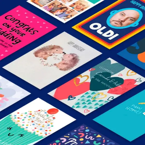 A selection of colourful greeting cards arranged on a blue background, featuring various designs such as hearts, hedgehogs, cupcakes, and celebration themes.